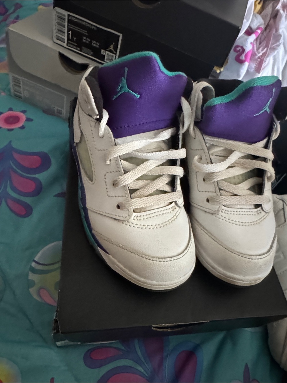 Jordan Kids White Purple Teal High-Top Sneakers
